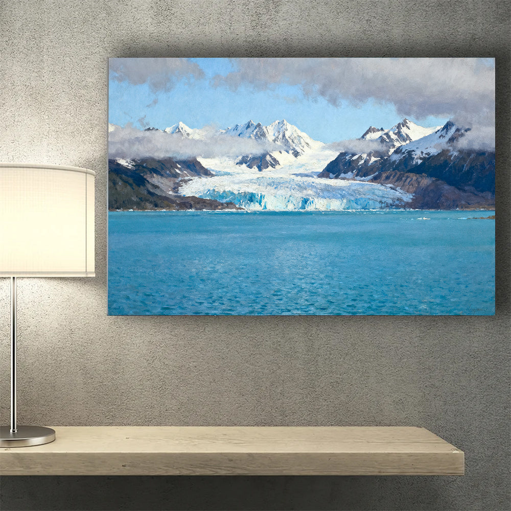 Glacier Lake in Soft Blue canvas wall art, desk mockup.