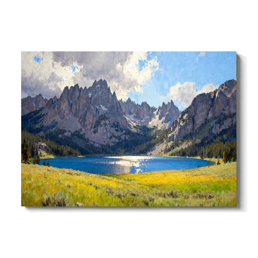 Wildflower Shore beneath Peaks canvas wall art, front view on a white background.