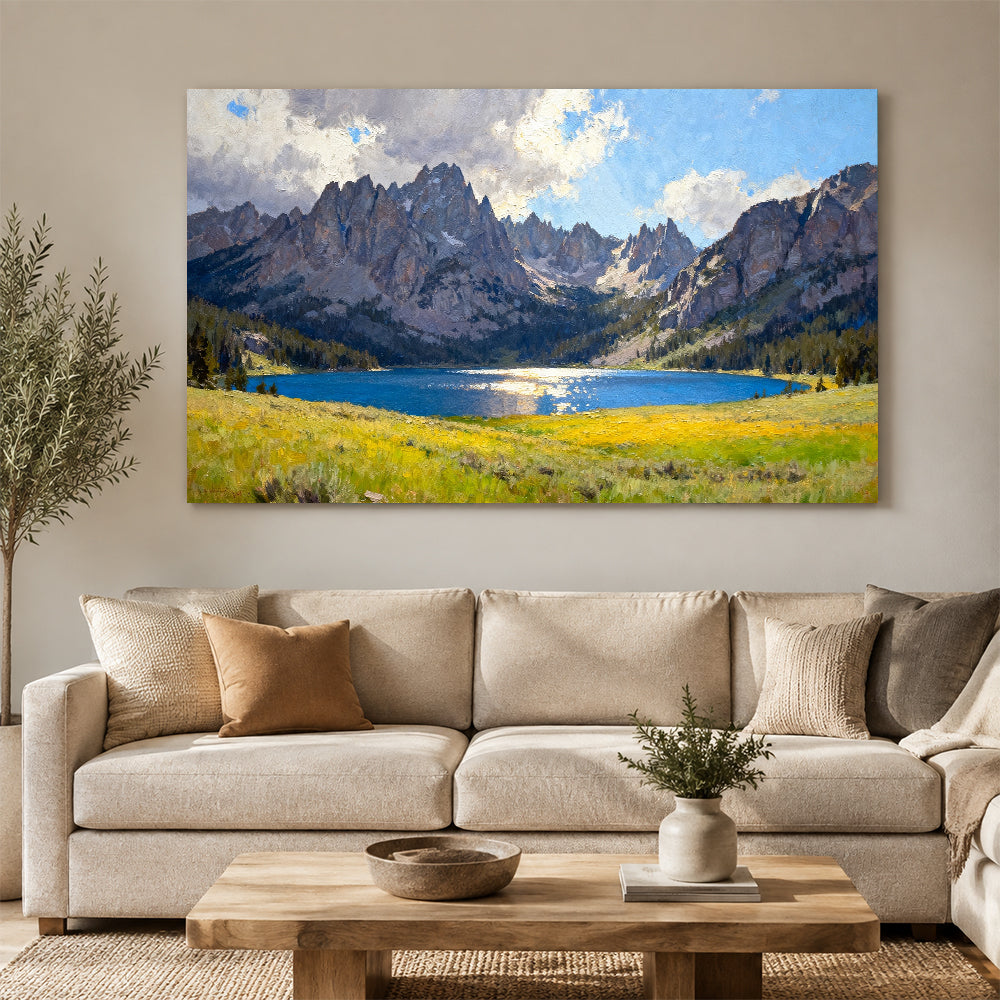 Wildflower Shore beneath Peaks canvas wall art, living room mockup.
