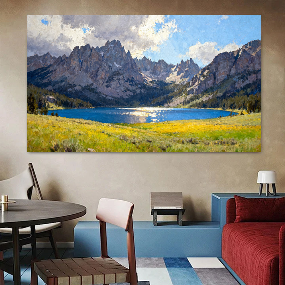 Wildflower Shore beneath Peaks canvas wall art, living dining room mockup.