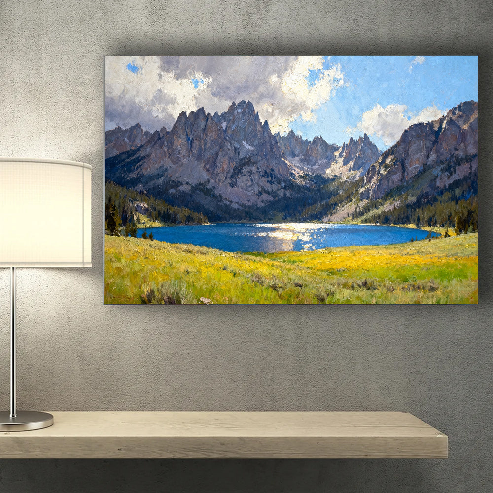 Wildflower Shore beneath Peaks canvas wall art, desk mockup.