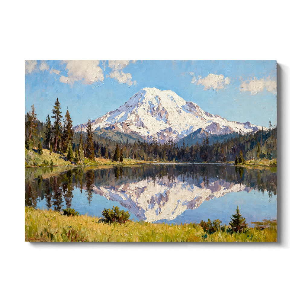 Evergreen Lake and Snowy Summit canvas wall art, front view on a white background.