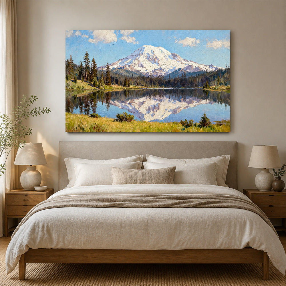 Evergreen Lake and Snowy Summit canvas wall art, bedroom mockup.