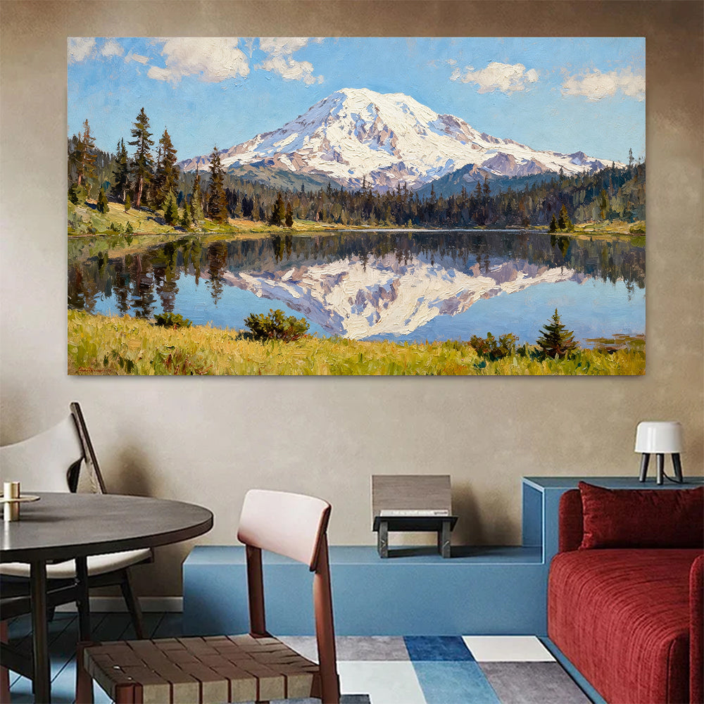 Evergreen Lake and Snowy Summit canvas wall art, living dining room mockup.