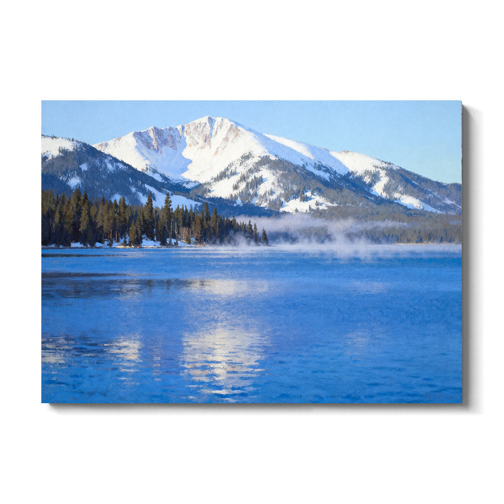 Morning Haze on Blue Water canvas wall art, front view on a white background.