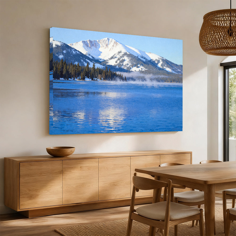 Morning Haze on Blue Water canvas wall art, dining room mockup.