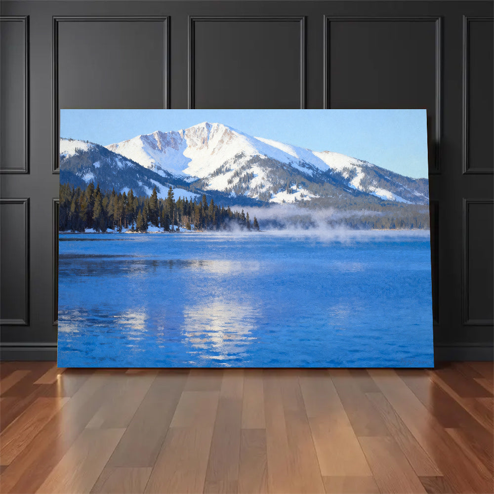 Morning Haze on Blue Water canvas wall art, floor display mockup.