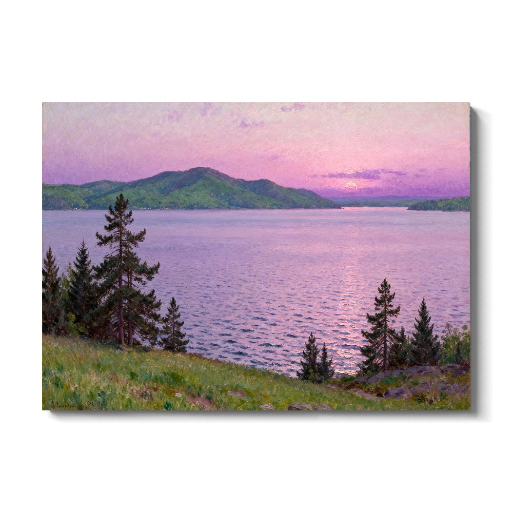 Lavender Dusk over the Lake canvas wall art, front view on a white background.