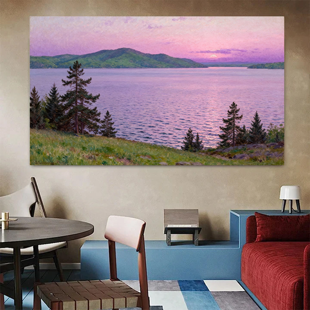 Lavender Dusk over the Lake canvas wall art, living dining room mockup.