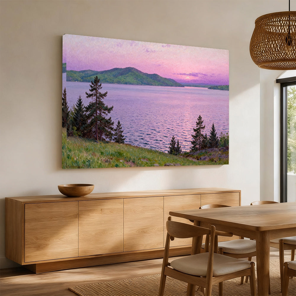 Lavender Dusk over the Lake canvas wall art, dining room mockup.