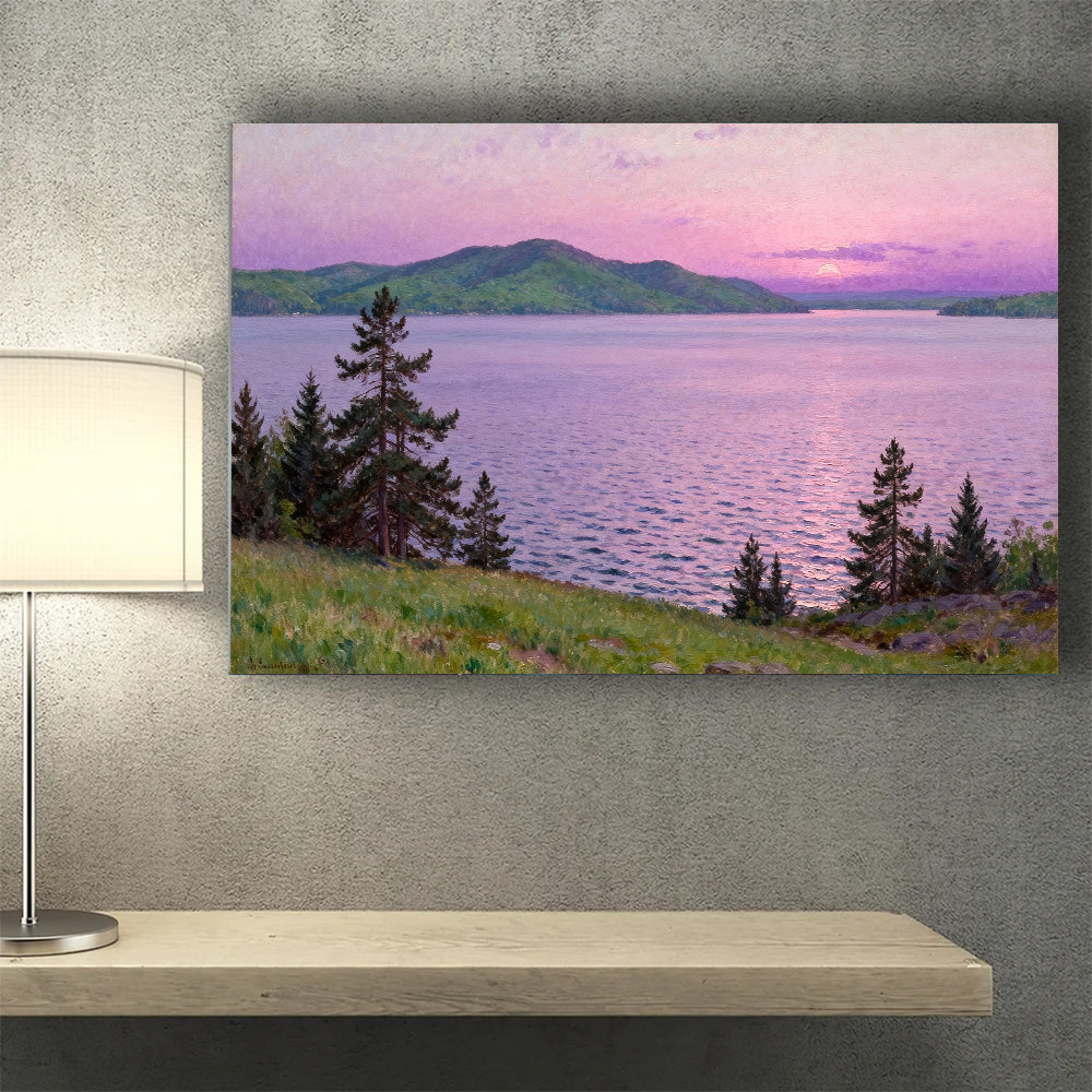 Lavender Dusk over the Lake canvas wall art, desk mockup.