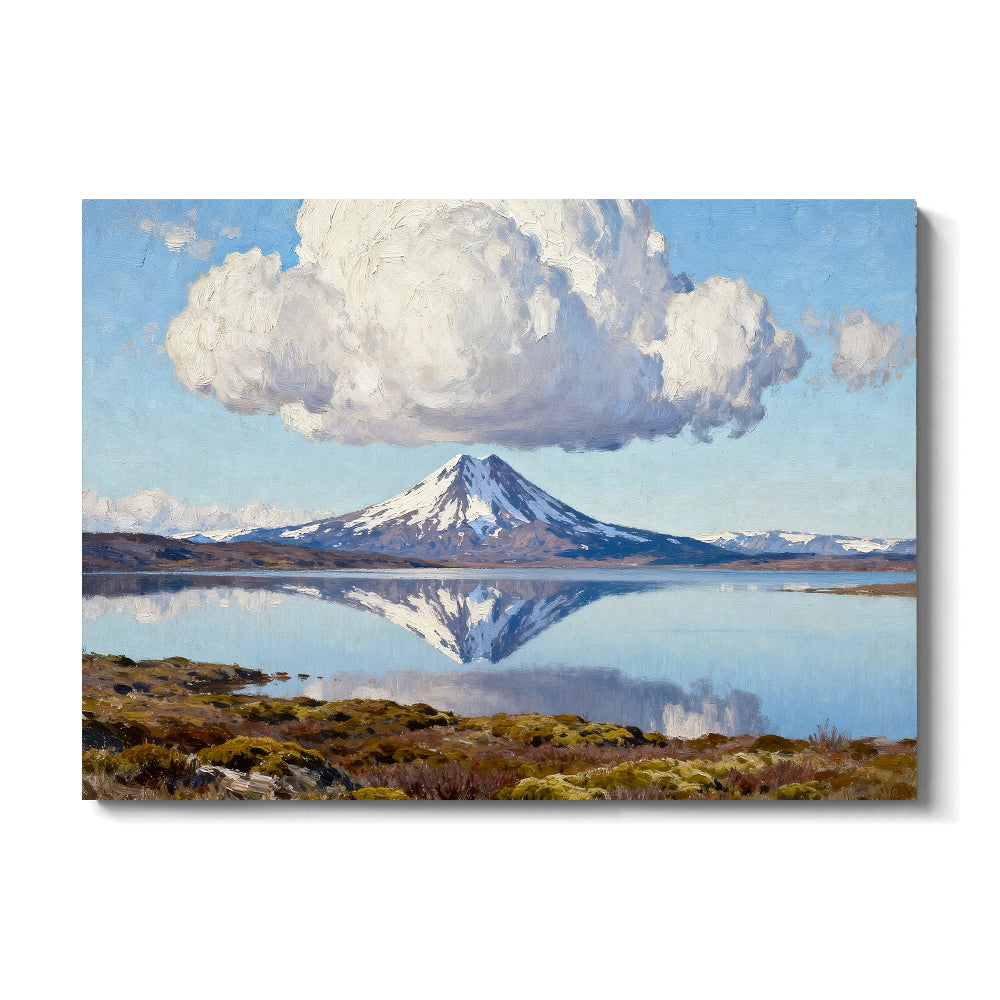 Still Water beneath Billowing Clouds canvas wall art, front view on a white background.