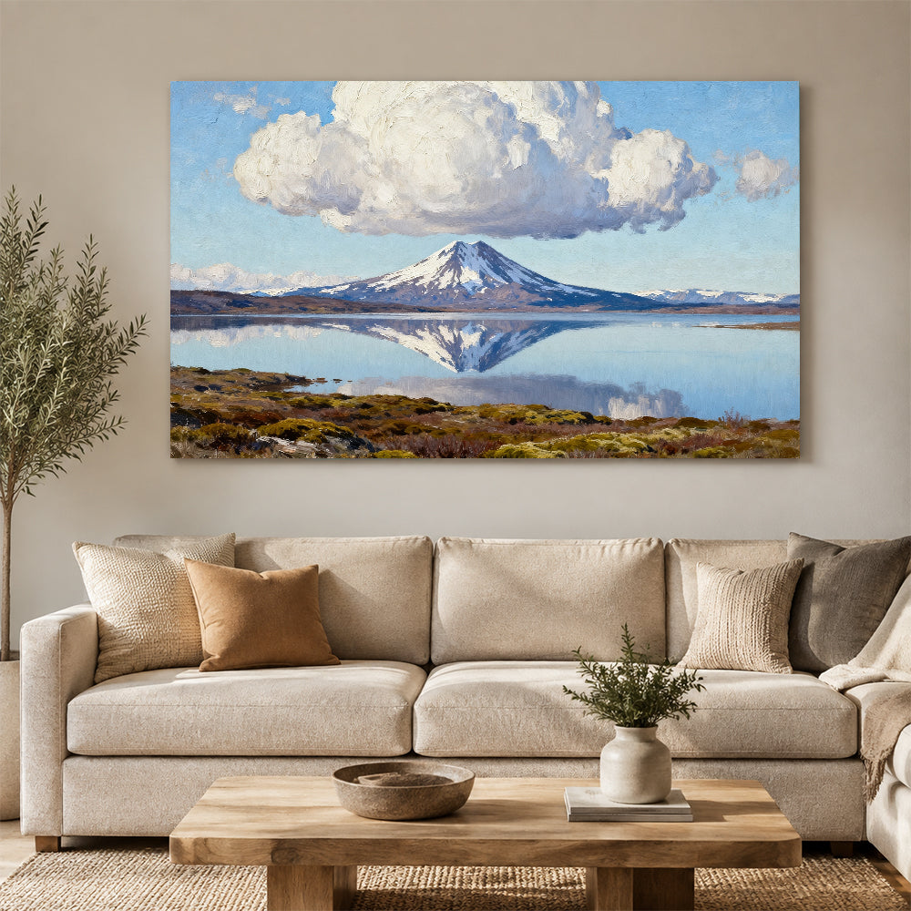 Still Water beneath Billowing Clouds canvas wall art, living room mockup.