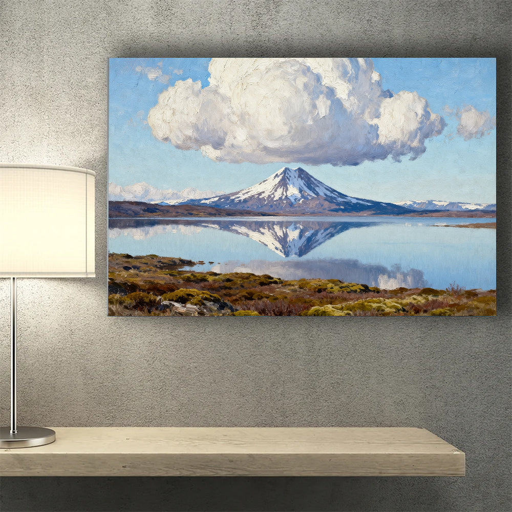 Still Water beneath Billowing Clouds canvas wall art, desk mockup.