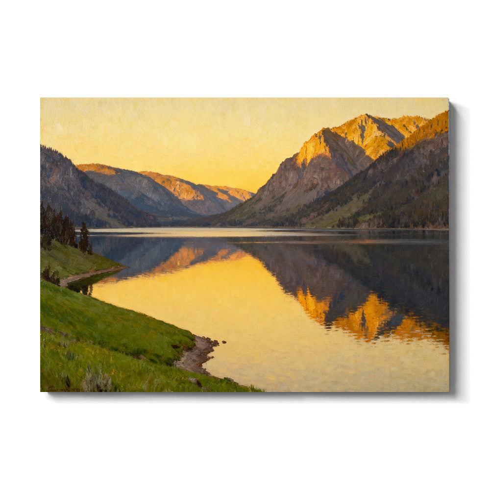 Golden Mountain Lake canvas wall art, front view on a white background.