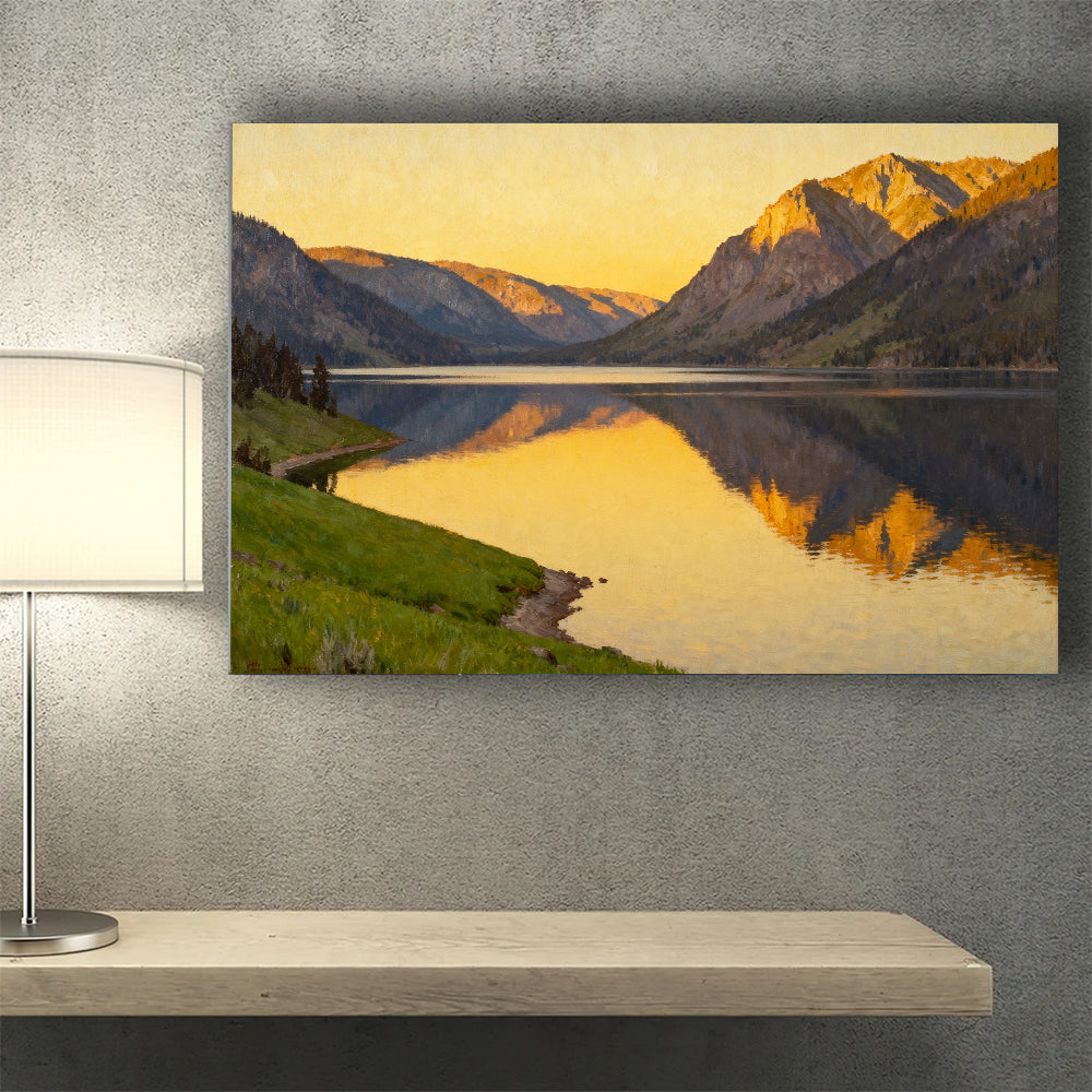 Golden Mountain Lake canvas wall art, desk mockup.