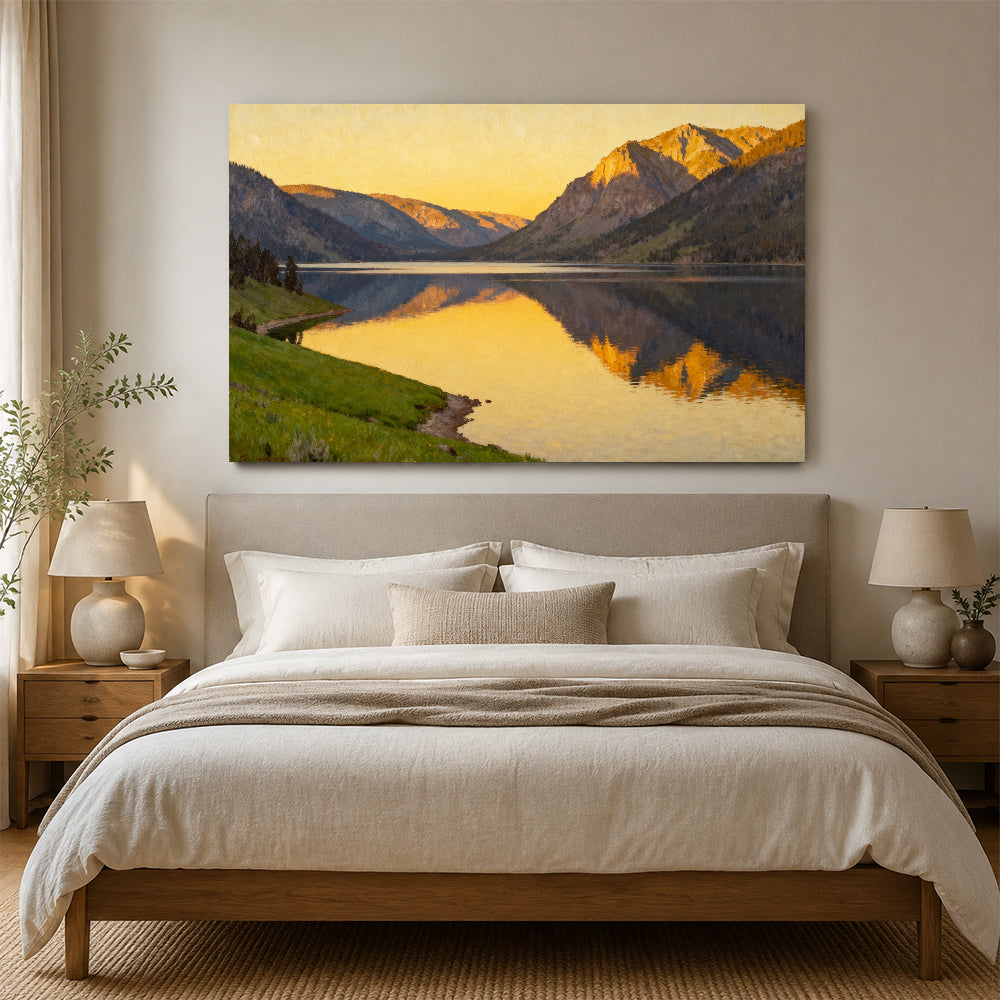 Golden Mountain Lake canvas wall art, bedroom mockup.