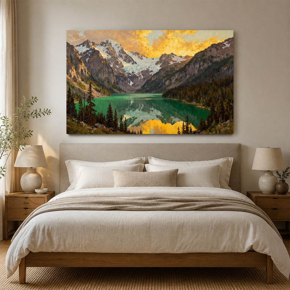 Emerald Lake in an Autumn Valley canvas wall art, bedroom mockup.