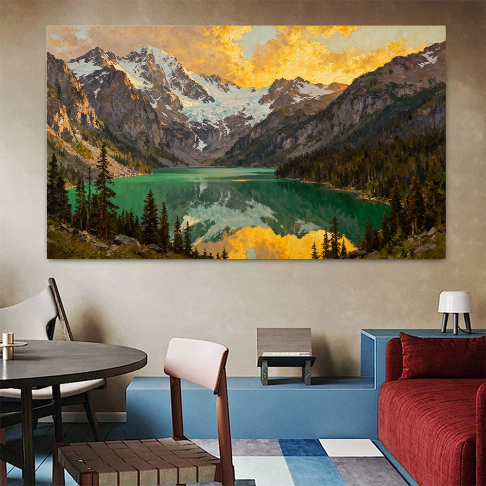 Emerald Lake in an Autumn Valley canvas wall art, living dining room mockup.