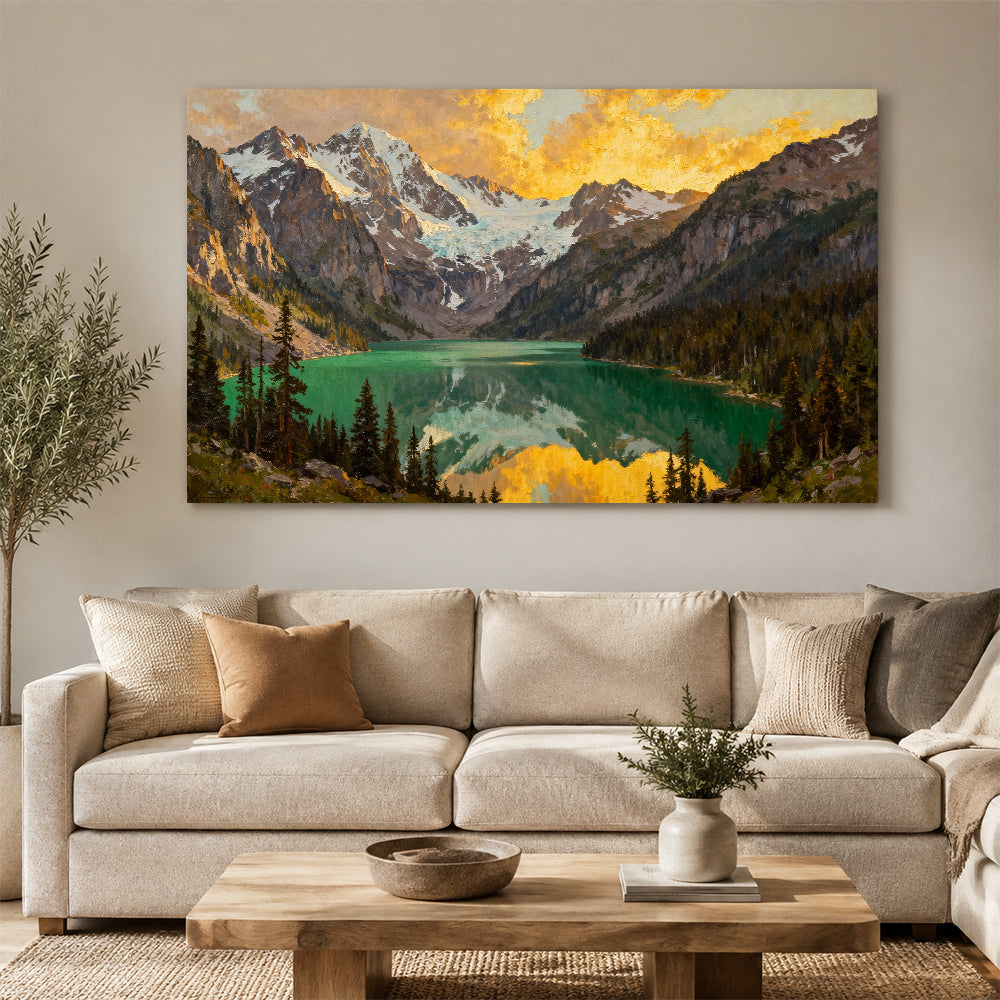 Emerald Lake in an Autumn Valley canvas wall art, living room mockup.