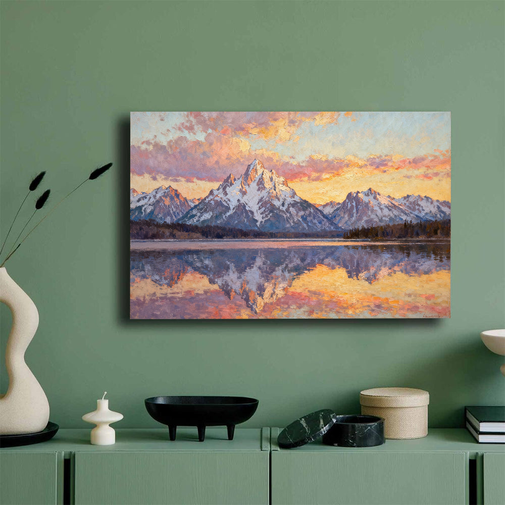 Pastel Alpine Reflections canvas wall art, green wall mockup.