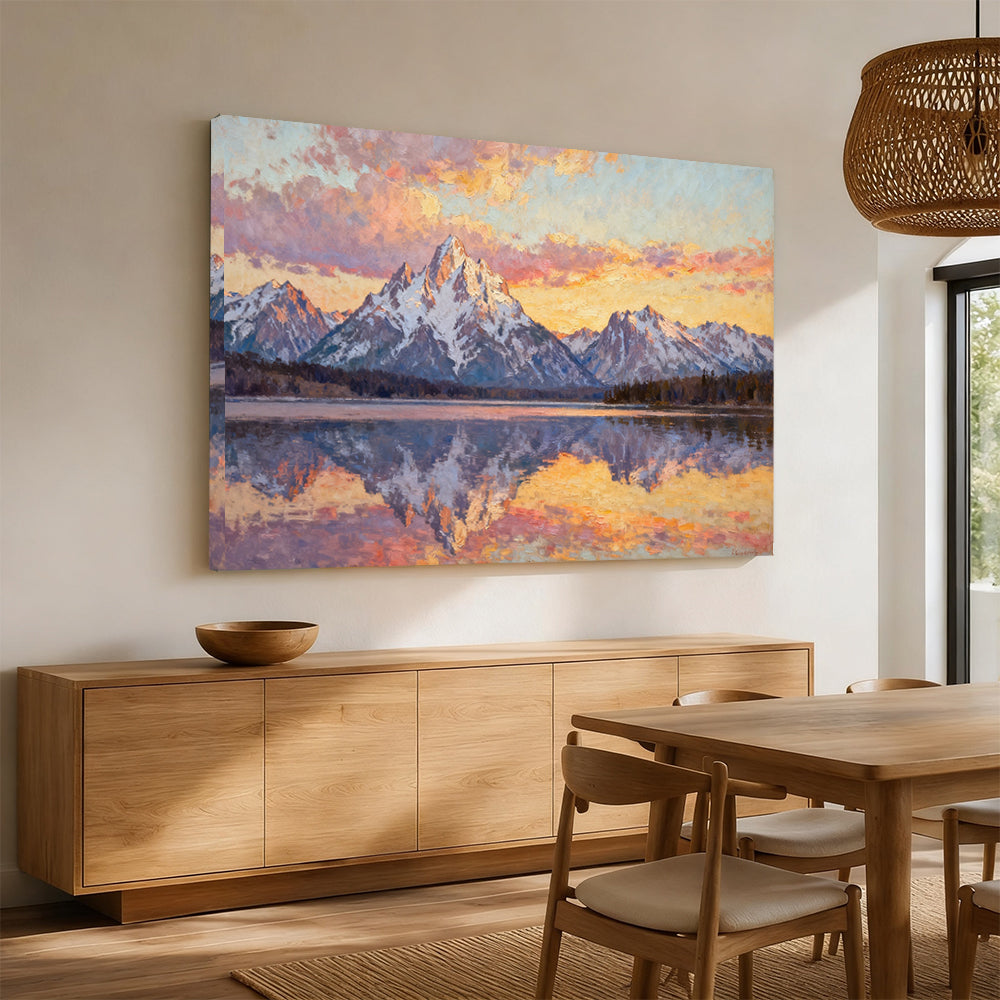Pastel Alpine Reflections canvas wall art, dining room mockup.