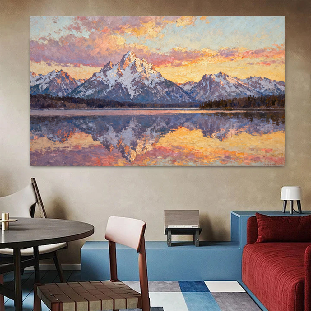 Pastel Alpine Reflections canvas wall art, living dining room mockup.