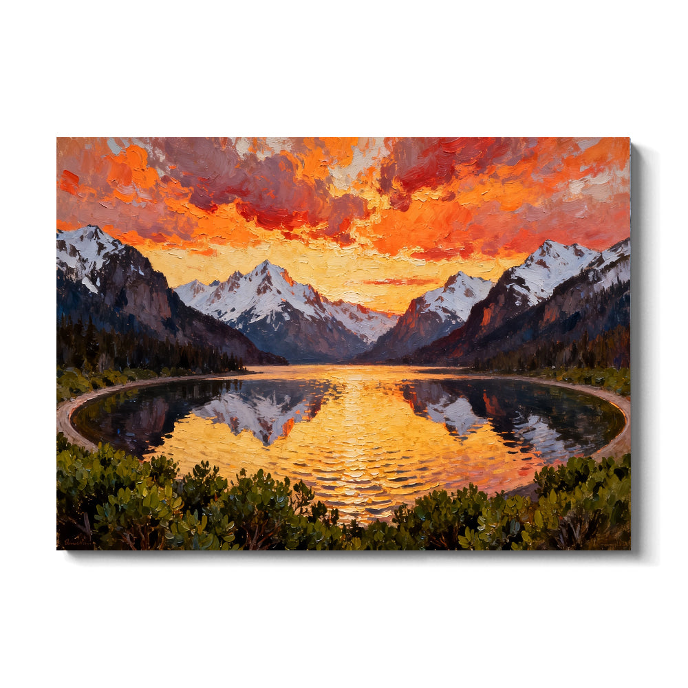Fiery Sky over a Mountain Lake canvas wall art, front view on a white background.