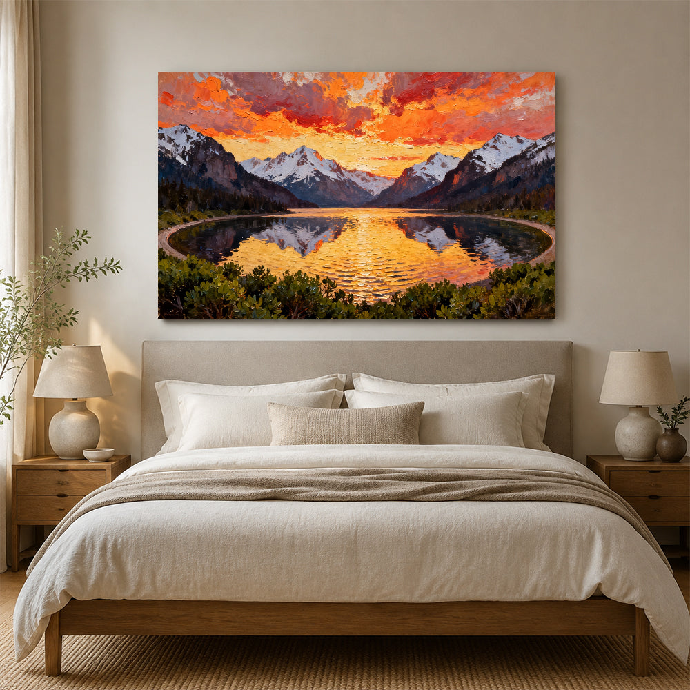 Fiery Sky over a Mountain Lake canvas wall art, bedroom mockup.