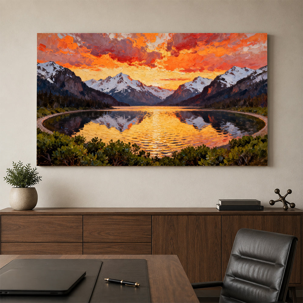 Fiery Sky over a Mountain Lake canvas wall art, office mockup.