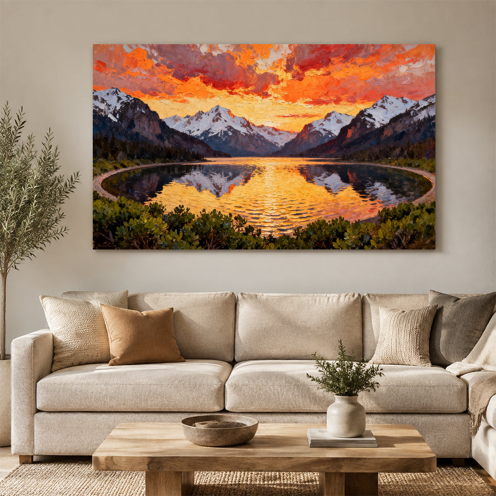 Fiery Sky over a Mountain Lake canvas wall art, living room mockup.