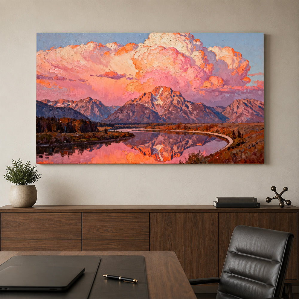 Rose Clouds above Still Water canvas wall art, office mockup.