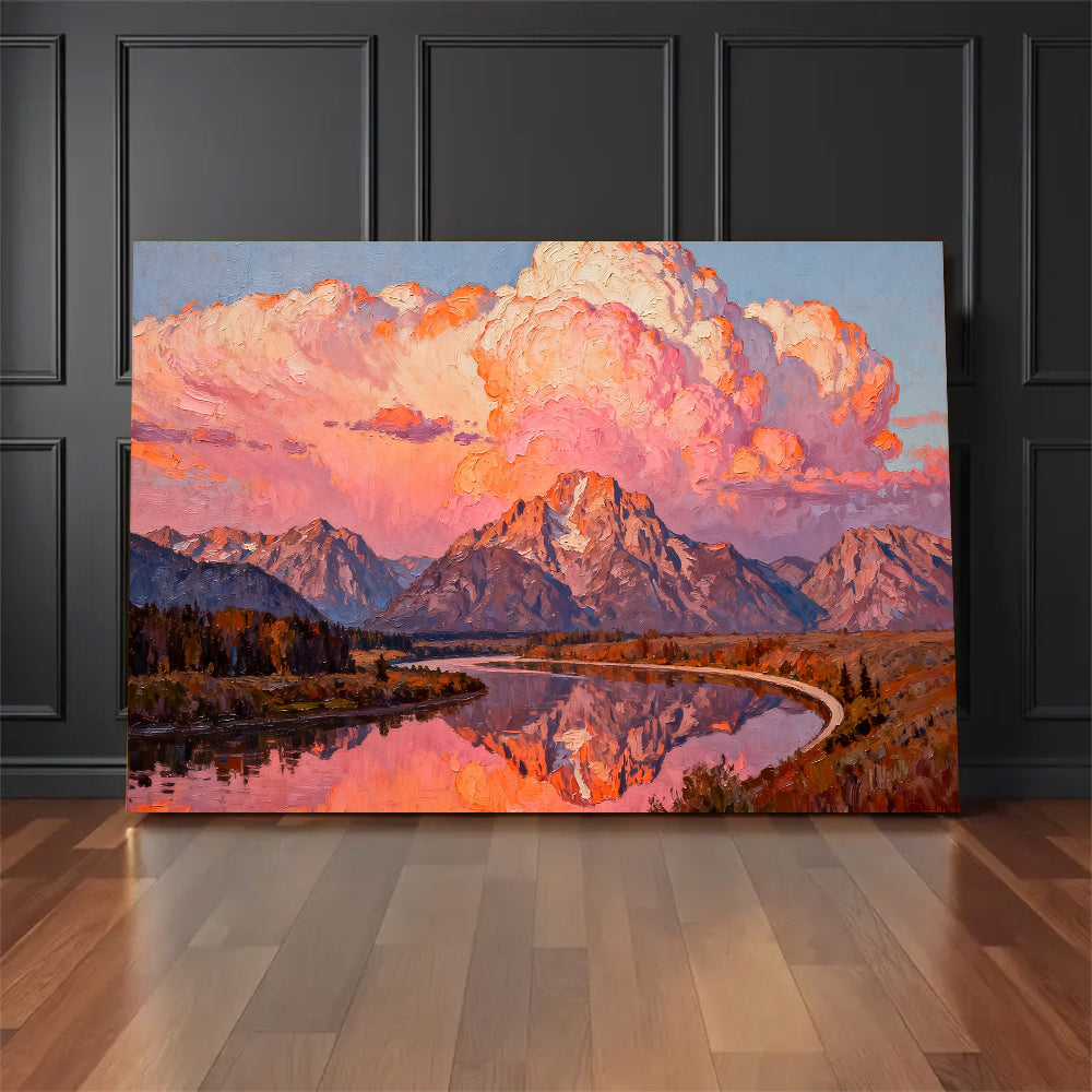 Rose Clouds above Still Water canvas wall art, floor display mockup.