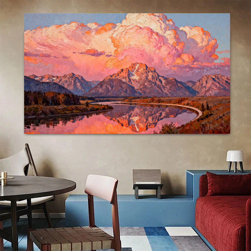 Rose Clouds above Still Water canvas wall art, living dining room mockup.