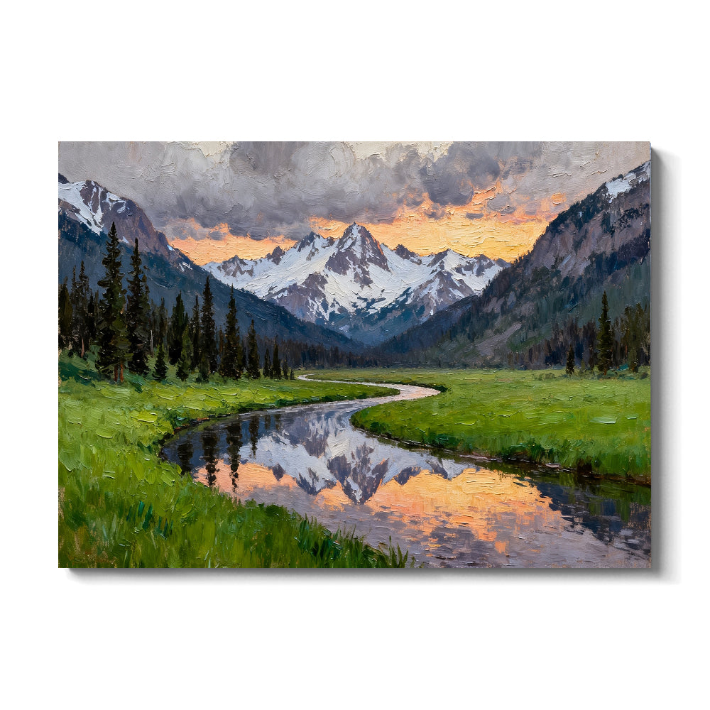 Winding Alpine Stream canvas wall art, front view on a white background.