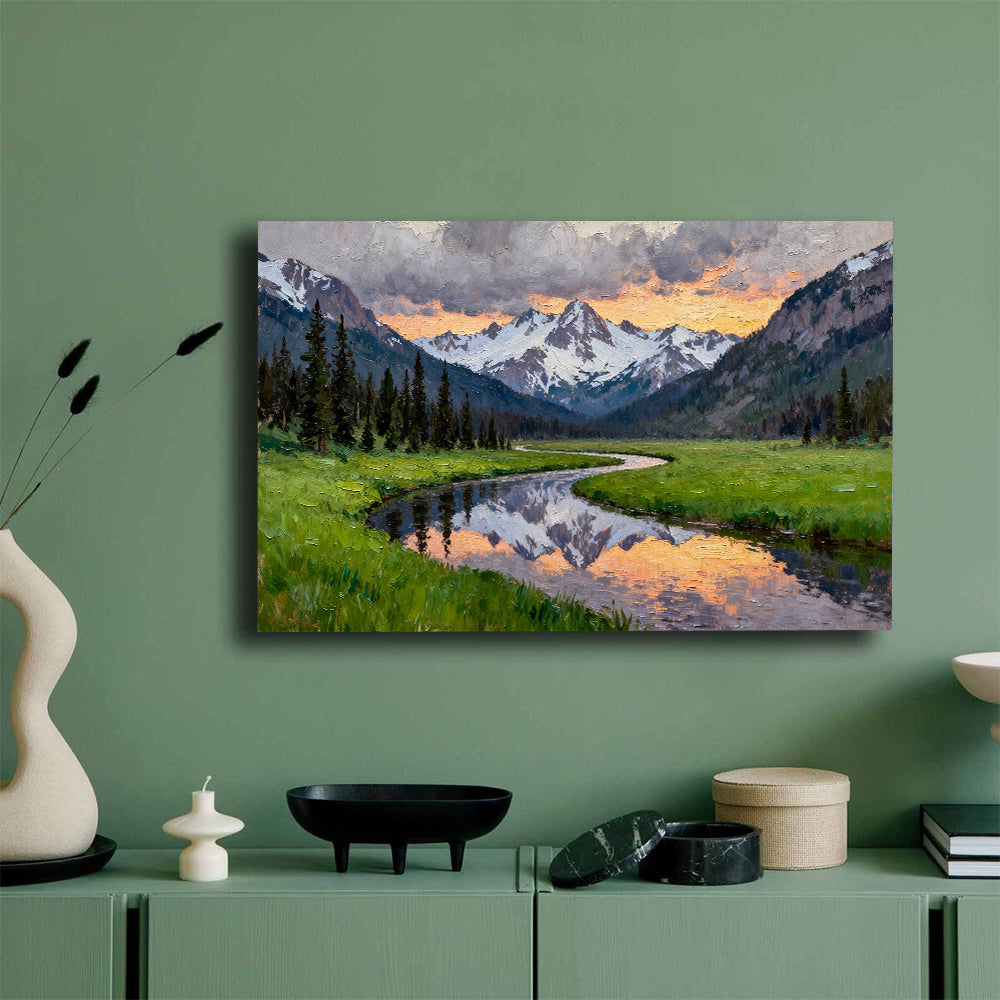 Winding Alpine Stream canvas wall art, green wall mockup.