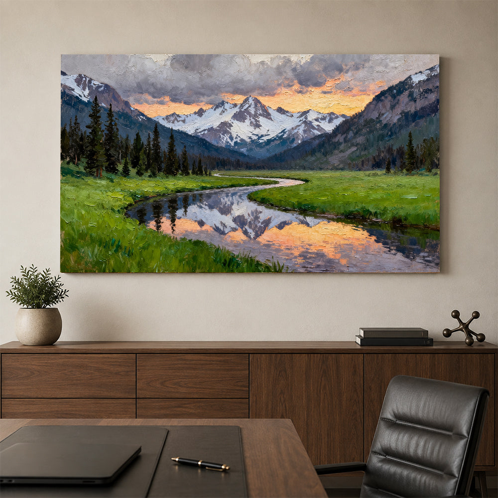 Winding Alpine Stream canvas wall art, office mockup.