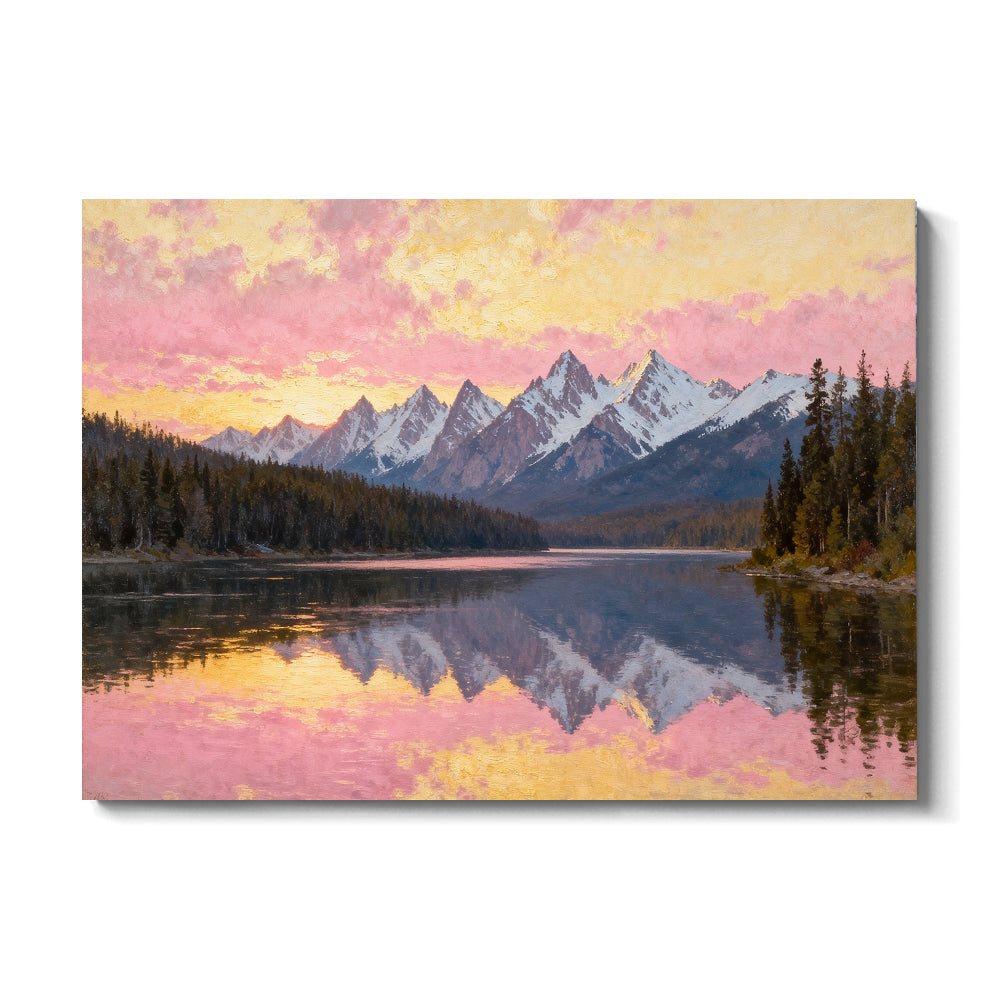 Soft Sunset across a Forest Lake canvas wall art, front view on a white background.