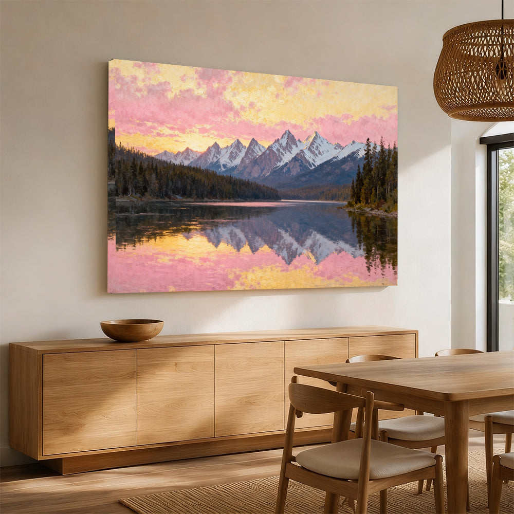 Soft Sunset across a Forest Lake canvas wall art, dining room mockup.