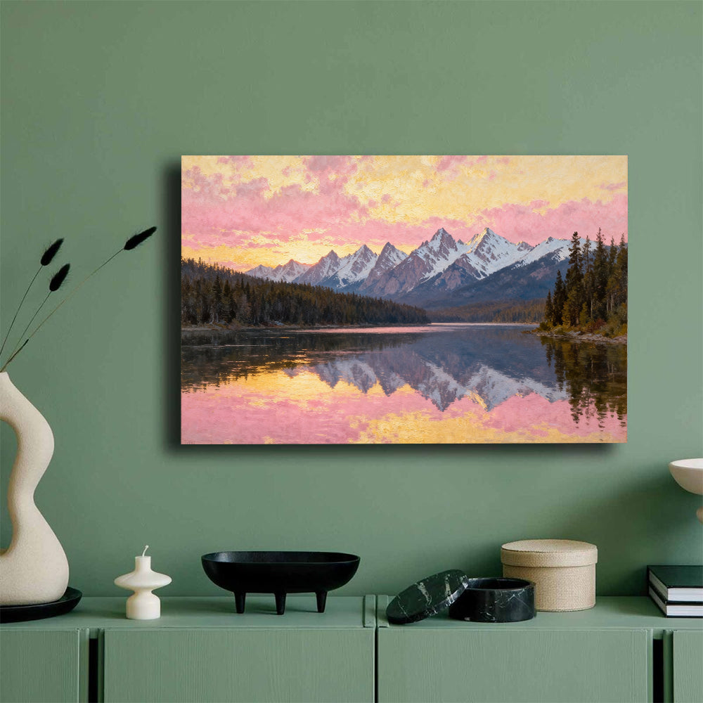 Soft Sunset across a Forest Lake canvas wall art, green wall mockup.