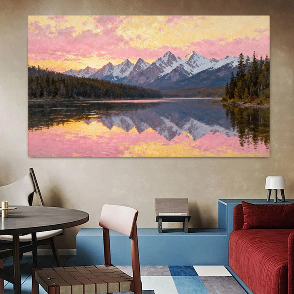 Soft Sunset across a Forest Lake canvas wall art, living dining room mockup.