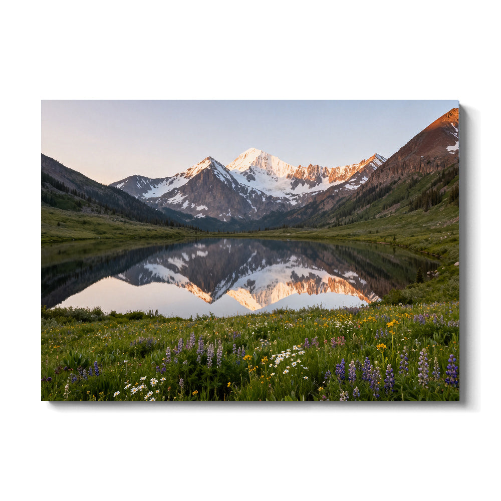 Wildflower Lake at Daybreak canvas wall art, front view on a white background.
