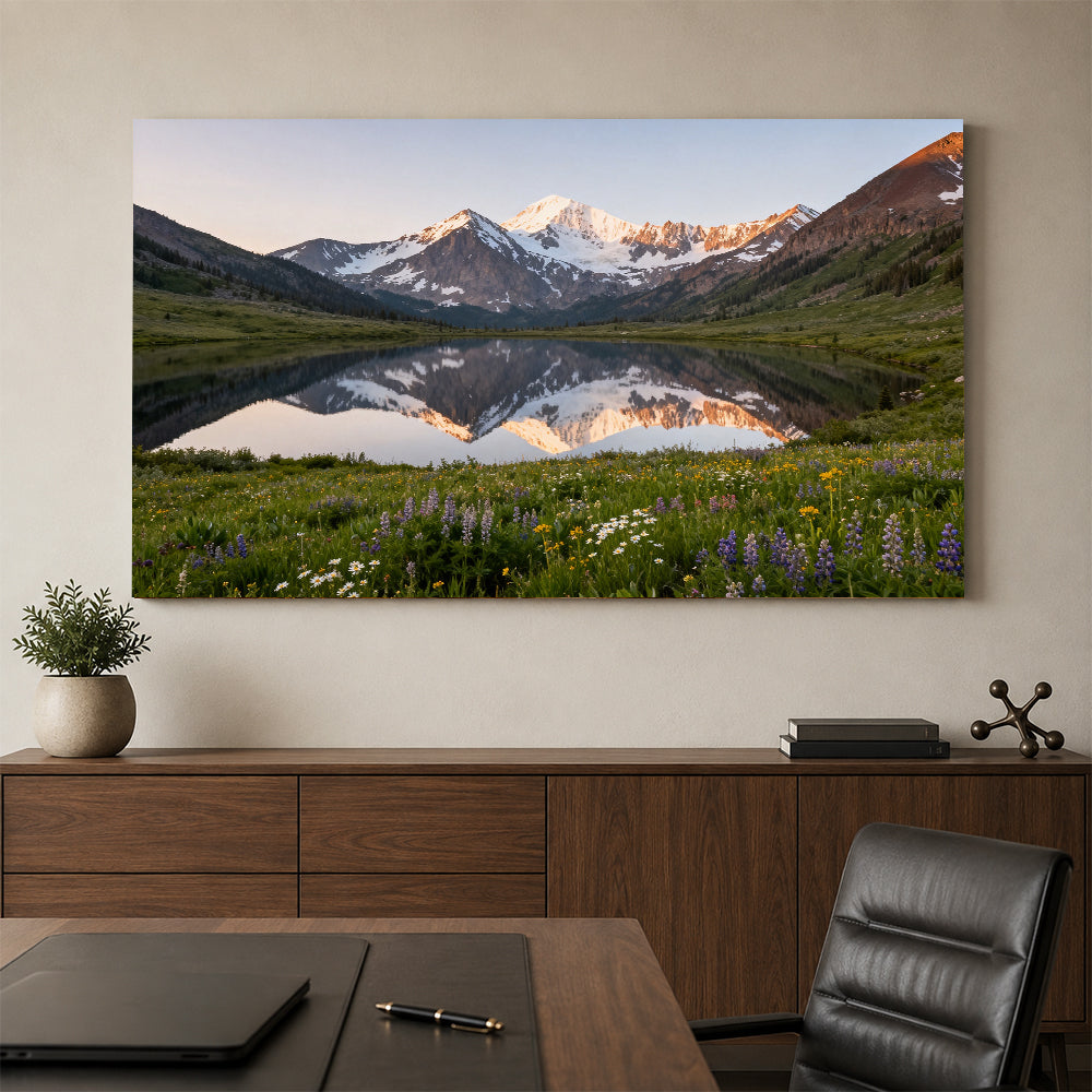 Wildflower Lake at Daybreak canvas wall art, office mockup.