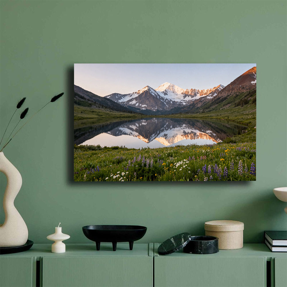 Wildflower Lake at Daybreak canvas wall art, green wall mockup.