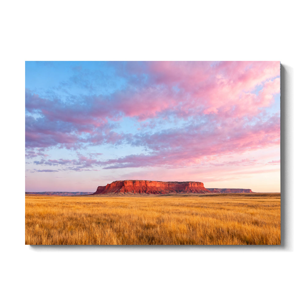 Pink Sky over Golden Prairie canvas wall art, front view on a white background.