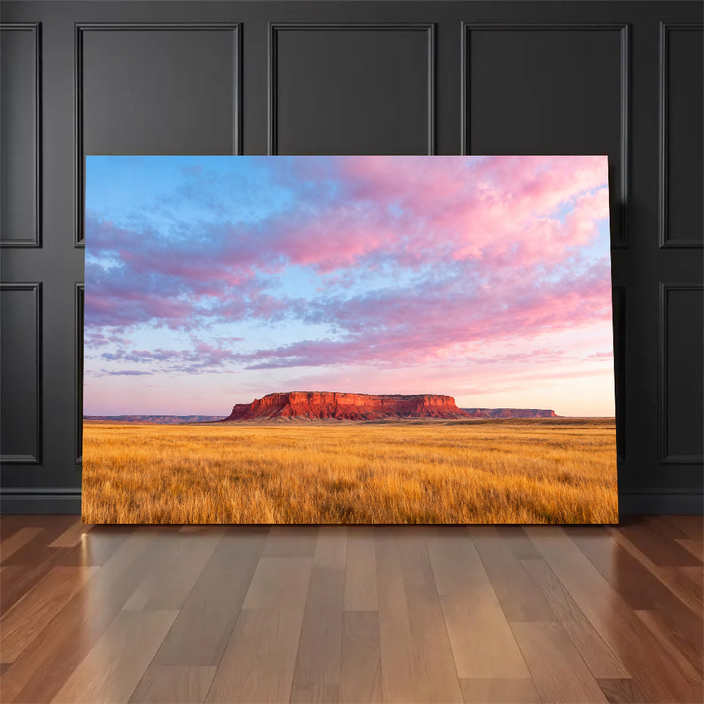 Pink Sky over Golden Prairie canvas wall art, floor display mockup.