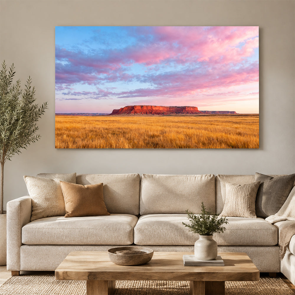 Pink Sky over Golden Prairie canvas wall art, living room mockup.