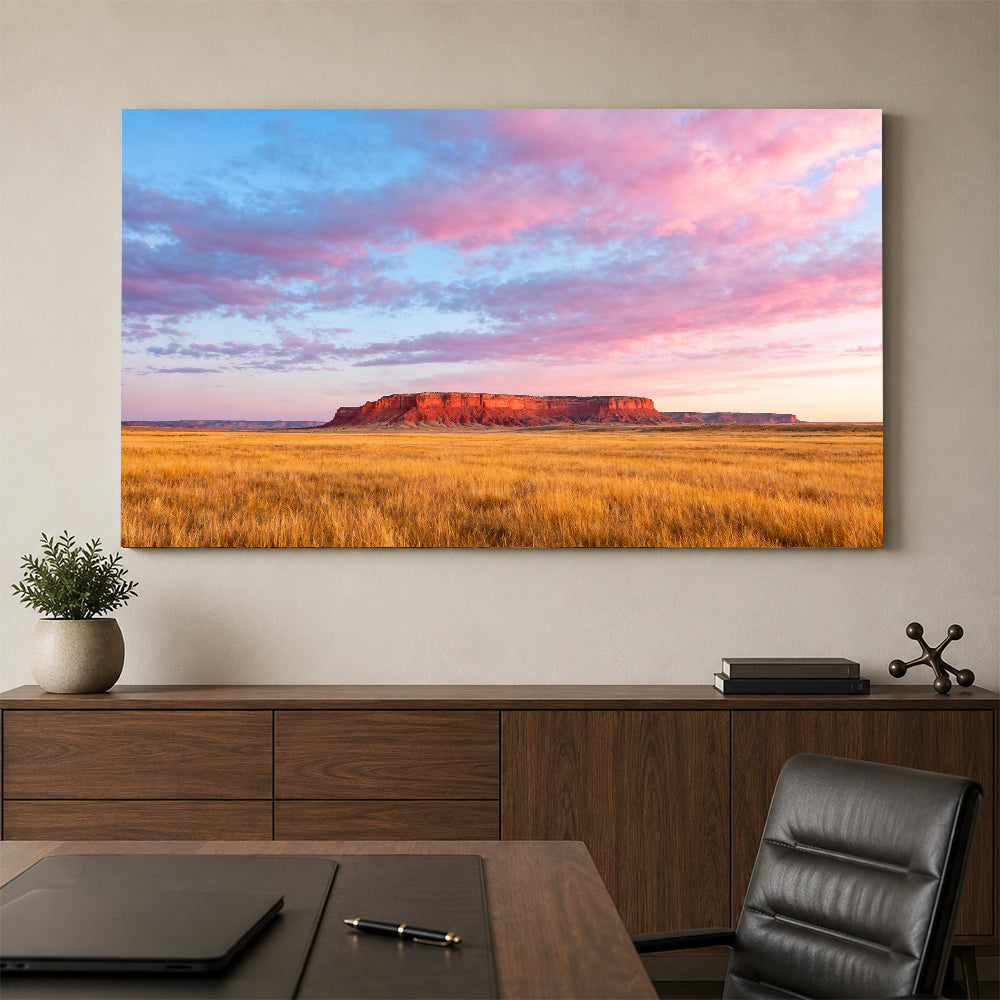 Pink Sky over Golden Prairie canvas wall art, office mockup.
