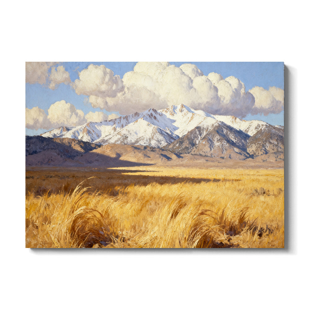 Golden Grass below Snowy Peaks canvas wall art, front view on a white background.