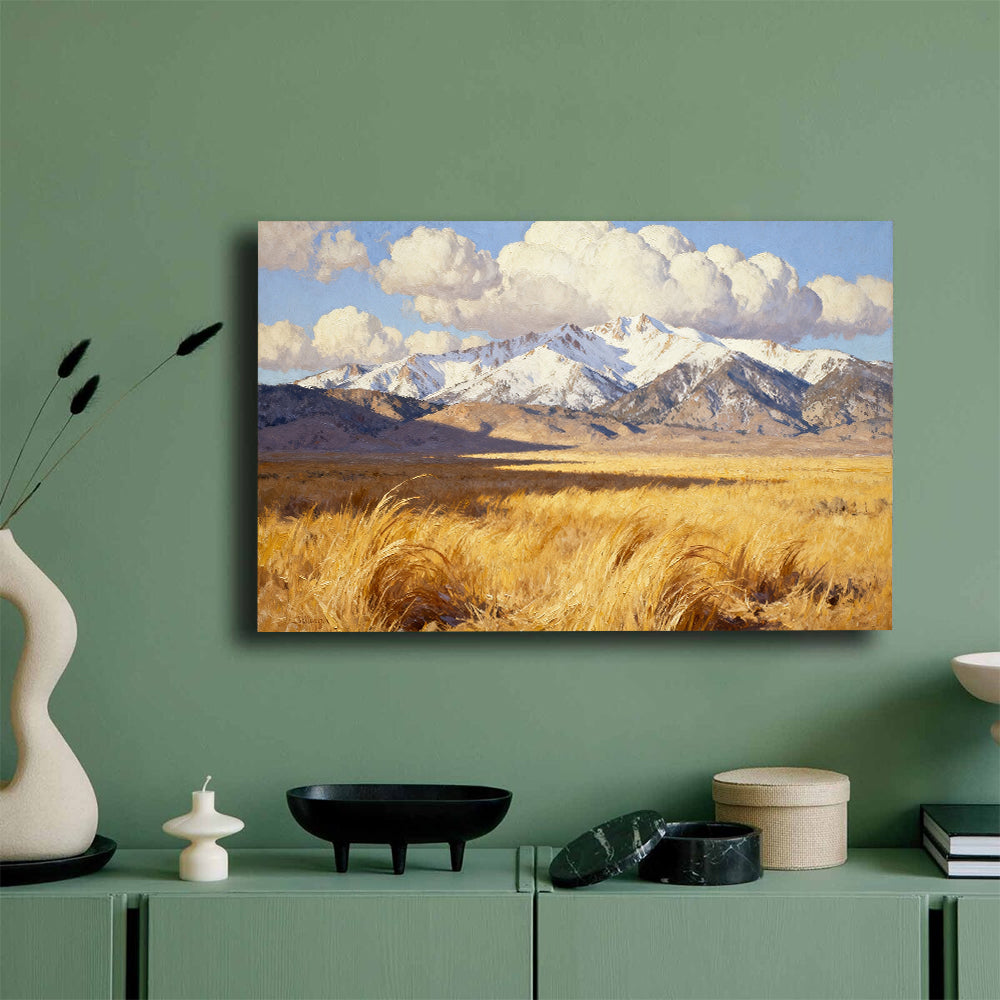 Golden Grass below Snowy Peaks canvas wall art, green wall mockup.